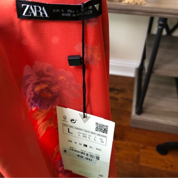 Zara Floral Red Deep V-neck Long Sleeve Wrap Dress Large - Picture 6 of 11